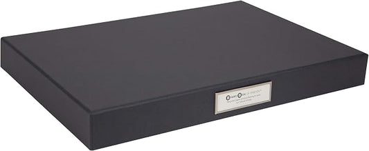 Bigso Sven Fiberboard Classic Hinged Document Box - File Organizer for Important Paperwork - Document Storage Box with Hinged Lid & Metal Label Window - 1.8 in x 13.2 in x 9.3 in - Dark Grey