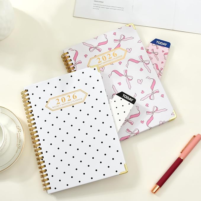 2026 Monthly Planner, Jan.2026 - Dec.2026 Weekly Planner 6.25"x8.5" with Page Tabs, Calendar Hardcover with Inner Pocket, Elastic Band, Twin-Wire Binding, Bookmark, Black White Polka Dots