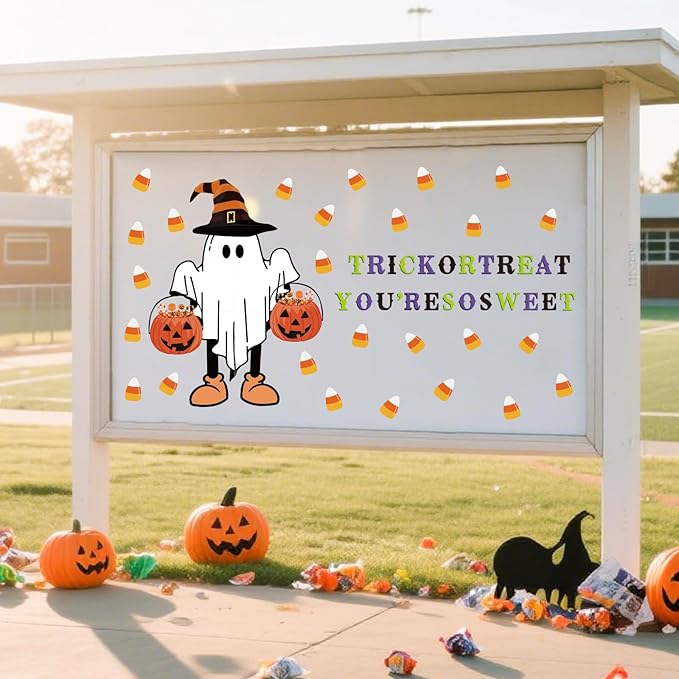Whaline 62Pcs Halloween Bulletin Board Door Decorations Pumpkin Ghost Candy Corn Paper Cutouts with 100Pcs Glue Points for Trick or Treat Party Classroom Chalkboard Wall Decor
