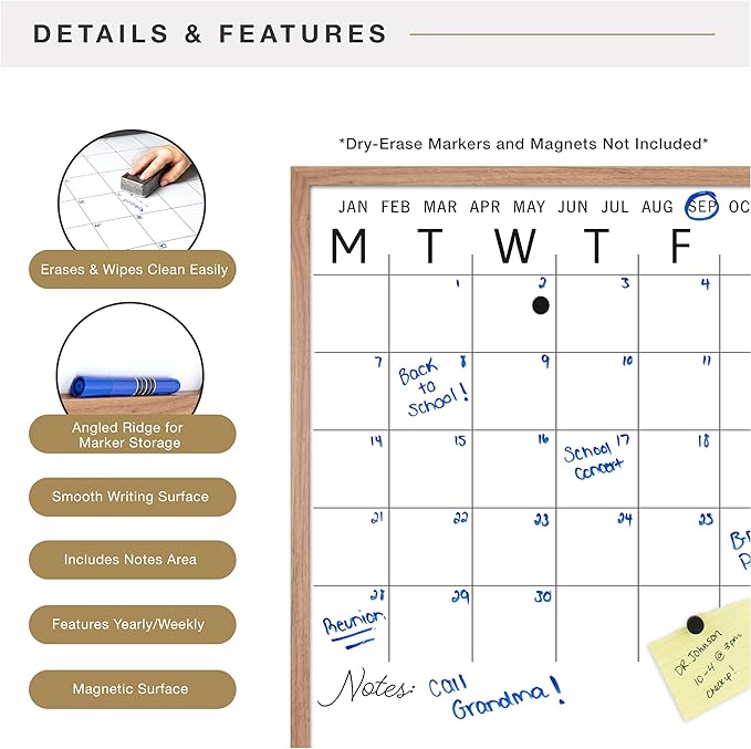 MCS Dry Erase Calander 30x30 Walnut Framed Monthly Calendar for The Wall, Stay Organized with Family Planner for Appointments, Sports, Events & More