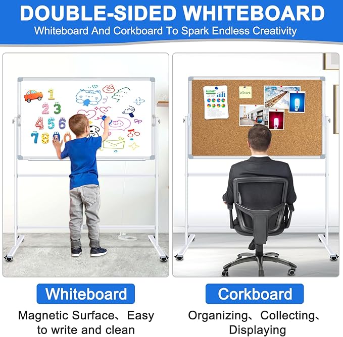 Max-officoo Double-Sided Whiteboard and Corkboard with Rolling Stand 36"x24" Mobile Magnetic Dry Erase Board on Wheels, Adjustable Height & Angle Standing Boards for Office, School, Home