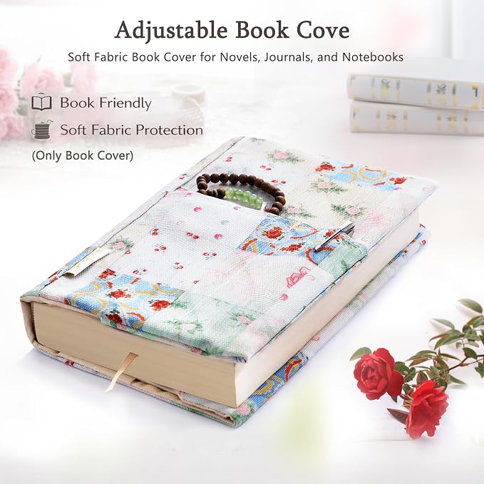 Aplufine Adjustable Fabric Book Cover with Elastic Band, Washable Reusable Book Sleeve for Hardcover Books, Textbooks, Novels & Journals, Book Protector with Pocket & Bookmark,Book Gift
