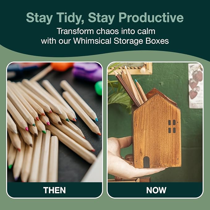 4-piece Kids Wooden Study Desk Organizers - Whimsical Farmhouse Style Table Decor Storage Box for Teacher Supplies - Girls Room Pencil Holder for Desk - Art & Stationery Supplies Organizer
