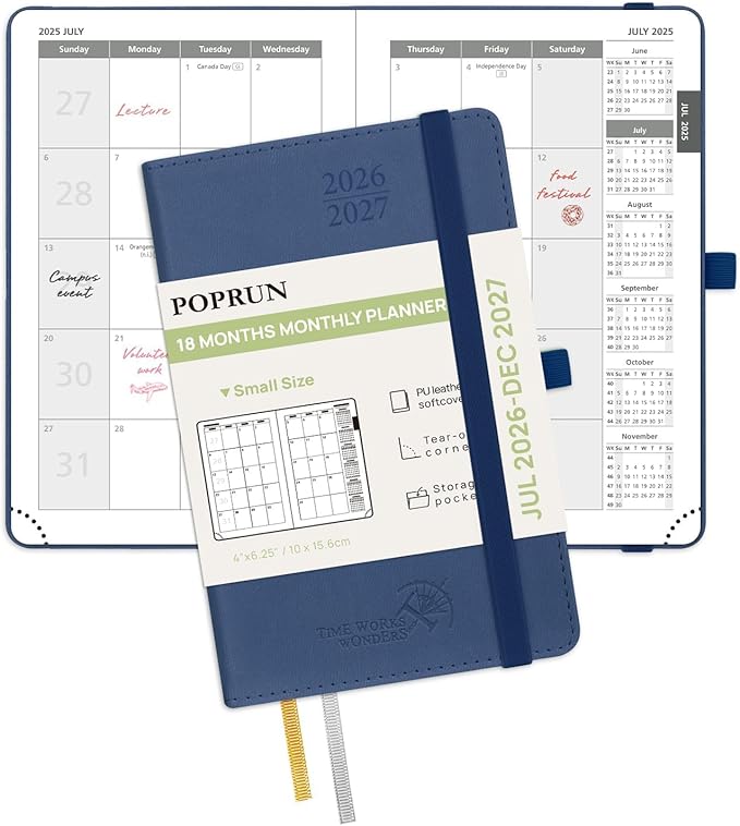 POPRUN Pocket Monthly Planner 2026-2027 (Pocket- 4''x 6.25''Soft Leather Cover) - 18 Month Calendar Book for Purse (Jul.2026-Dec.2027), 100 GSM Thick Paper - Navy Blue