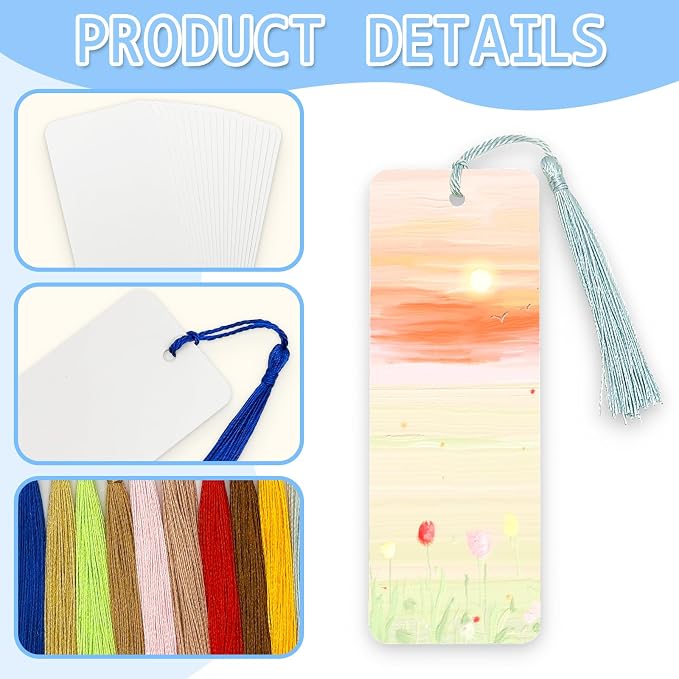 DSYIL 100 Set Blank Bookmarks with Colorful Tassels, White Cardstock Bookmarks Bulk, Craft Paper Book Marks for DIY Projects and Gifts Tags, 5.5 x 2 Inch