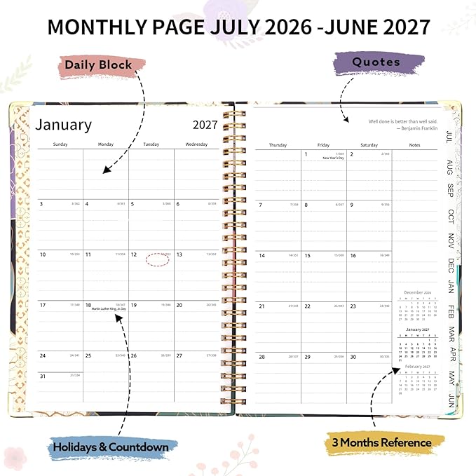 2026-2027 Planner, Weekly and Monthly Planner, July 2026-June 2027, Calendar Planner A5 (6.1" x 8.4") with Tabs, Inner Pocket for Home School Office Supplies, Blue Flower
