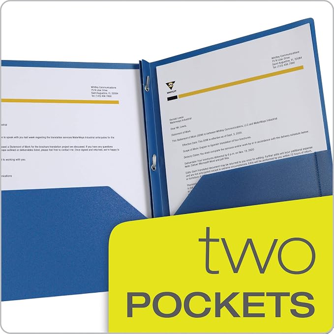 Oxford 2 Pocket Folders with Fasteners, Folder for School and Office, 2 Pocket Paper Organizer, Plastic Folders, Letter Size, Asst. Colors, (Blue, Green, Yellow, Orange, Red, Purple, 12 Pack (13188)