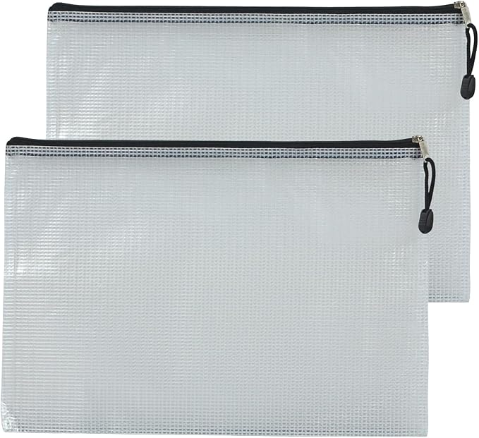2 PCS Mesh Zipper Pouch Bags, Plastic Water-Resistant File Bags, for Office, School, Board Game, Puzzles, Travel Accessories, and Home Organization (Black,13.1x9 in)