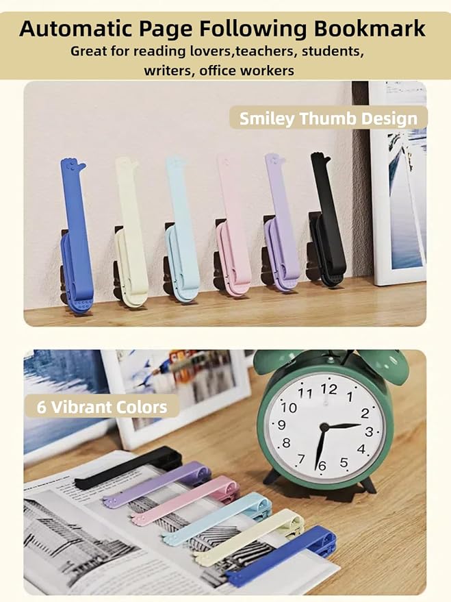 [6 Pack] Automatic Bookmark with Clip & Pen Holder Slot, Silicone Smart Bookmarks with Smiley Thumb Design, Unique Reading Accessories Gifts for Book Lovers, Women, Men, Students