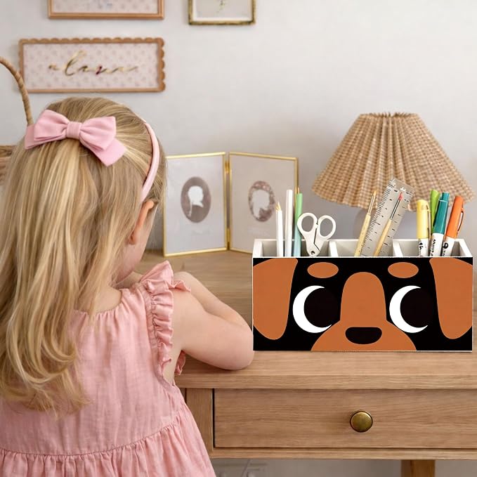Dog Face 3-Compartment Desk Organizer, Wooden Pencil Holder for Pens, Pencils, Scissors, Ruler, Cute Dog-Themed Storage Box for Kids, Home & Office