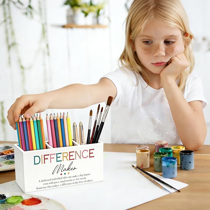 Difference Maker Gift Pen Pencil Holder for Desk, Thank You Gifts for Teachers Coworkers, Appreciation Gifts for Women Men Wooden Box Sign Decorations for Office Workplace Desk Tabletop