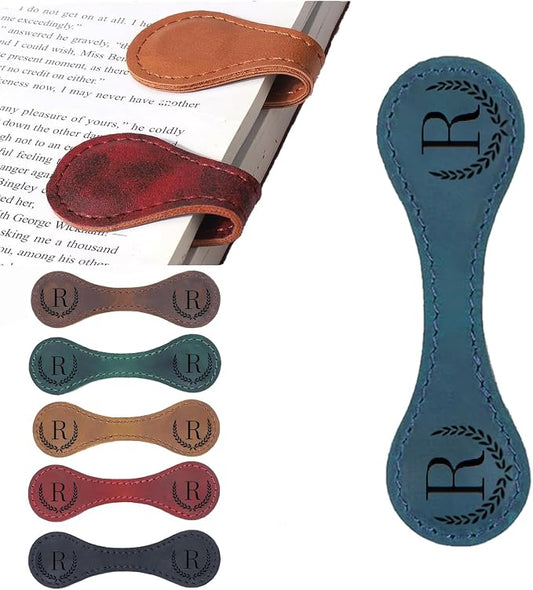 Artlaza Personalized Magnetic Leather Bookmark, 26 Letters Custom Leather Bookmarks, Handmade, Leather Magnetic Bookmark for Book Lovers Readers Women Kid(Blueï¼ŒRï¼‰