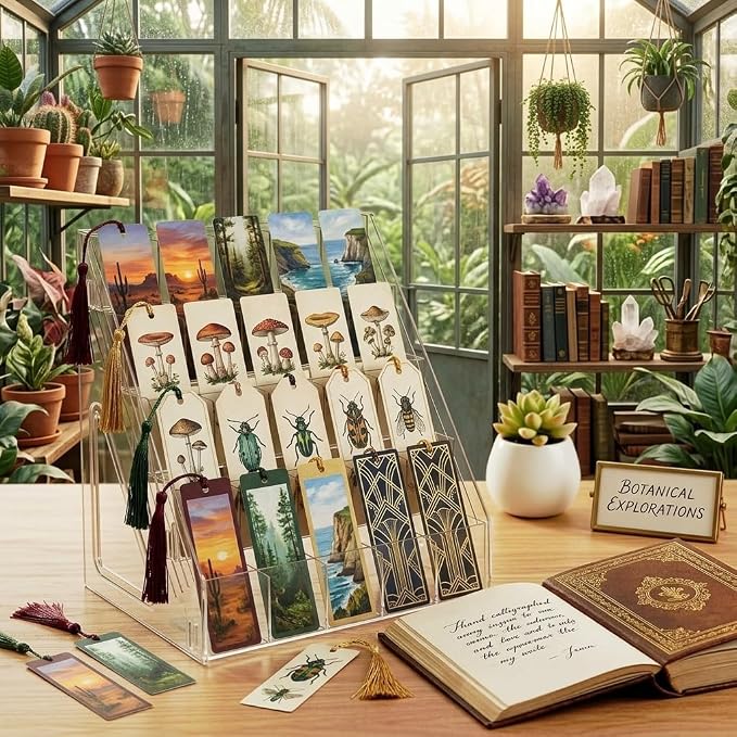 5 Tier Bookmark Display Stand with 25 Pockets, Clear Vendor Display Rack for Bookmarks, Stickers, Greeting Cards, Business Cards, Portable Countertop Organizer for Craft Fairs, Retail Stores, Vendors