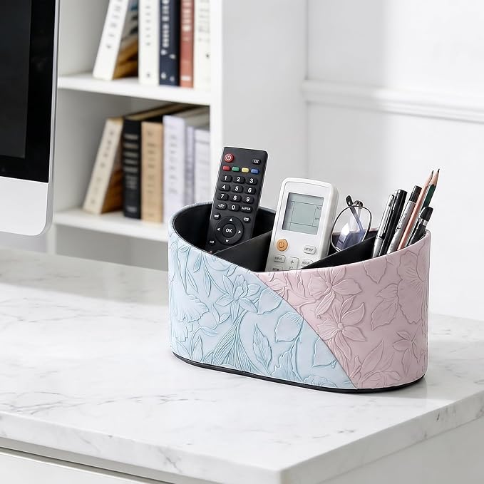 Two Leaves Shaped Leather Art Supply Organizer,Remote Control Holder,Multi-Functional Pencil Holder,3 Compartments Desktop Stationary Organizer(1-Blue Purple)