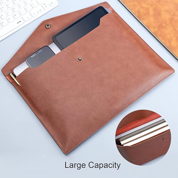 VANRA 1 Piece PU Leather File Folders A4 Document Holder File Envelope Waterproof Portfolio Filing File Organizer for Letter Size with Snap Button Closure, Brown