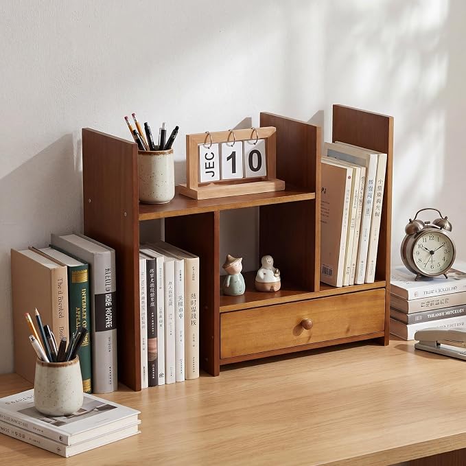 Nuanchu Desk Shelves Desktop Organizer Shelf with Drawer Rustic Office Organization Adjustable Detachable Table Top Shelving Small Hutch Corner Bookshelf for Office Home School