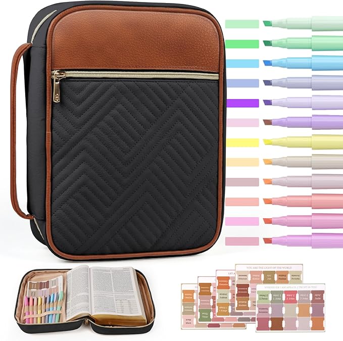 BellaHold Quilted Vegan Leather Bible Cover, Color-Blocked Bible Cover Case for Women, Large Bible Carrying Case with Handle, Bible Study Supplies & Christian Gift for Women (Black & Brown, M/L)