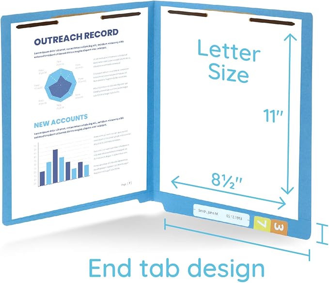 Blue Summit Supplies 50 Blue End Tab Fastener File Folders - Reinforced Straight Cut Tab - Durable 2 Prongs - Organize Standard Medical Files, Receipts, Office Reports - Letter Size, Blue, 50 Pack
