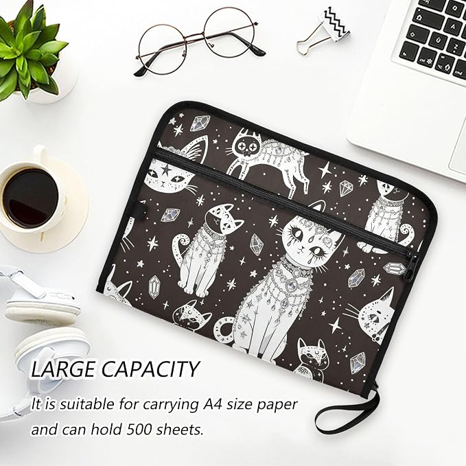 Witch's Cat Expanding Accordion File Folder with 13 Pockets and Zipper Closure