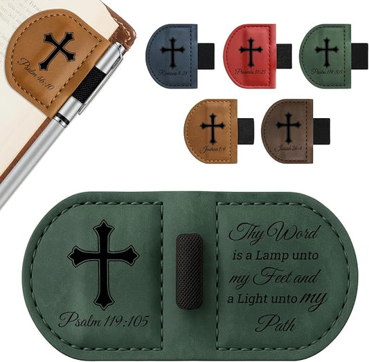 Bygone Mark Personalized Magnetic Leather Bookmark with Pen Holder - Inspirational Bible Verse Scripture Design, Custom Book Marker for Book Lovers Men Women (Green-Psalm 119：105)