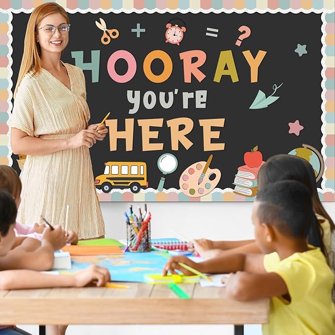 QOUBAI Groovy Bulletin Board Set Hippie Pastel Themed Classroom Welcome Bulletin Board Decoration Stationery Paper Cutout Classroom Decoration for Back to School Office Home Chalkboard Decor Wall Door