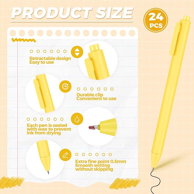 Cholemy 24 Pack Retractable Pens Bulk Pastel Gel Ink Pens 0.5mm Fine Point Tip Black Ink with Grip Smooth Writing for Journaling Note Taking School Supplies(Yellow)