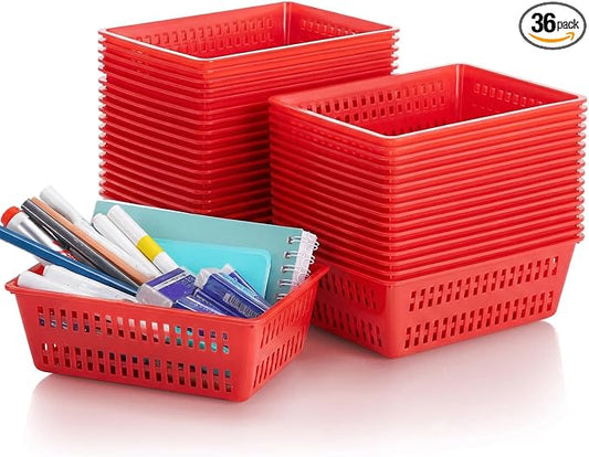 Sherr 36 Pack Classroom Storage Basket Small Plastic Basket for Organizing Crayon Pencil Container Storage Bin Tray Holder for Paper Shelf Back to School Office Supply 6.1" l x 4.3" w x 2.4" h(Red)