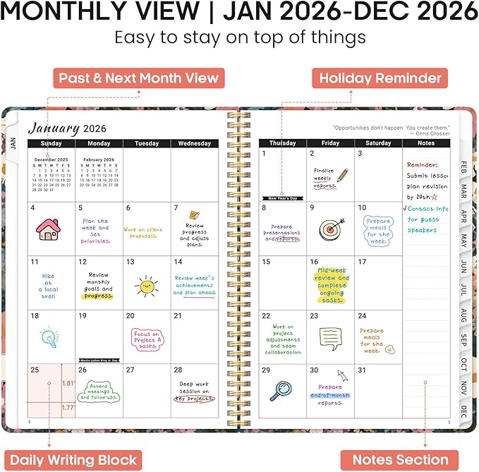 2026 Planner, Weekly and Monthly Calendar Planner Book, January 2026 - December 2026, Hardcover Spiral Planner with Monthly Tabs, Notes Pages, Perfect for Women & Men, A4 (8.5" x 11") - Flower