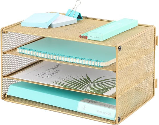 EASEPRES Paper Organizer Tray, 3 Tier Mesh Desk File Organizer Letter Sorter Holder for Home Office, Gold