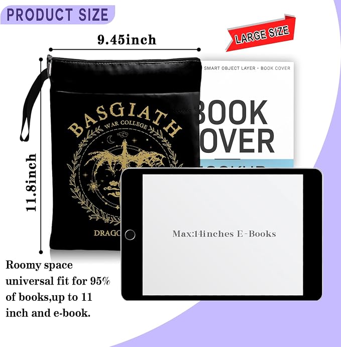Book Cover Dragon Ridder Inspired Gift, Dragon Merch Pattern Reusable Book Pouch, BASGIATH WAR COLLEGA Book Sleeve for Book Lovers (Black-Dragon 2, Large)