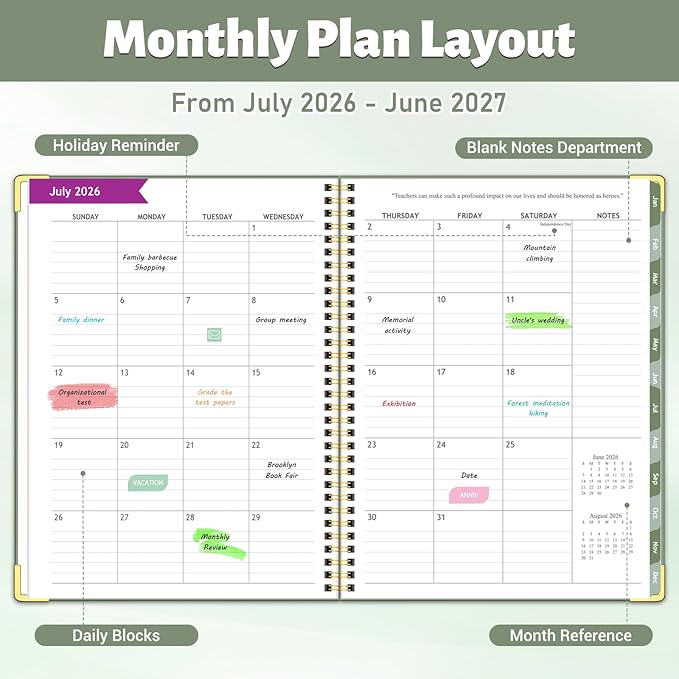 Teacher Planner 2026-2027, Jul 2026-Jun 2027 Academic Year, 8.5" x 11" Lesson Planner Book for Teachers Calendar, Spiral Bound Planners, Colorful Monthly Tabs, Hardcover, Corner Protectors - Green