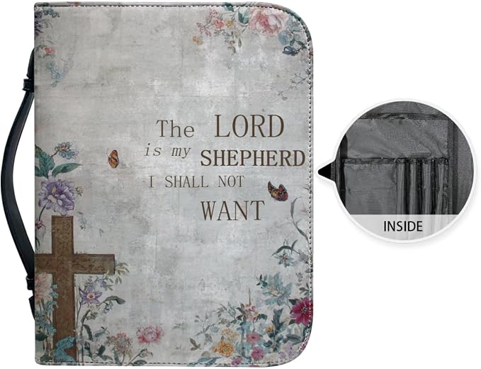 Vintage Style Floral and Cross Bible Case with Bookmark Waterproof Bible Cover Case for Women Lightweight Bible Bag with Handle Pockets Church Book Bag Grey