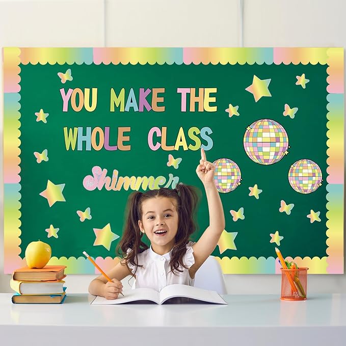 Mooliwe 63 Pcs Disco Ball Classroom Bulletin Board Decoration Set You Make the Whole Class Shimmer Bulletin Board Classroom Door Decor for Chalkboard Blackboard School Wall Decorations