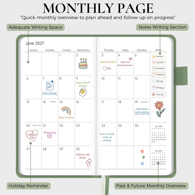 KONVINIT Pocket Calendar 2026-2028, 24-Month Pocket Calendar 2027 Planner Runs from July.2026 Until June.2028, Green PU Monthly Planner with Inner Pocket, Pen Loop, Elastic Closure for School & Office Supplies, 3.54”×6.69”