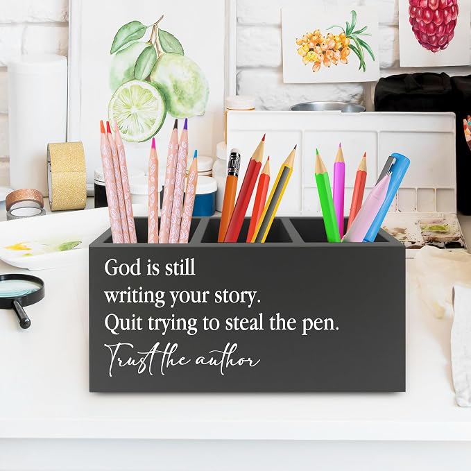Christian Inspirational Pen Pencil Holder Organizer for Desk, God Is Still Writing Your Story Bible Verse Religious Black Wooden Box Sign for Office Home Desk Tabletop Decorations