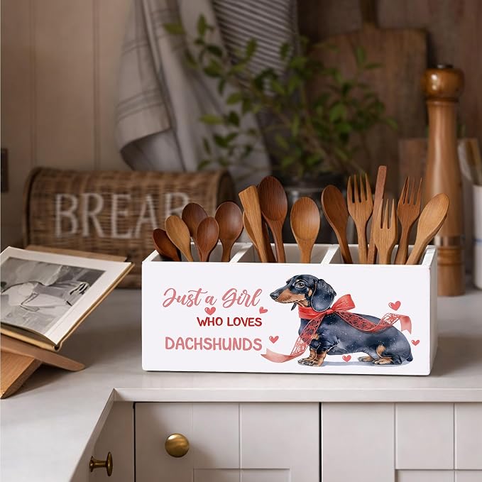 Dachshund Desk Organizer Wooden Pen Pencil Holder for Desk, 3 Compartments Office Accessories, Just a Girl Who Loves Dachshunds Decor, Cute Dachshund Lover Gift for Women Home Office