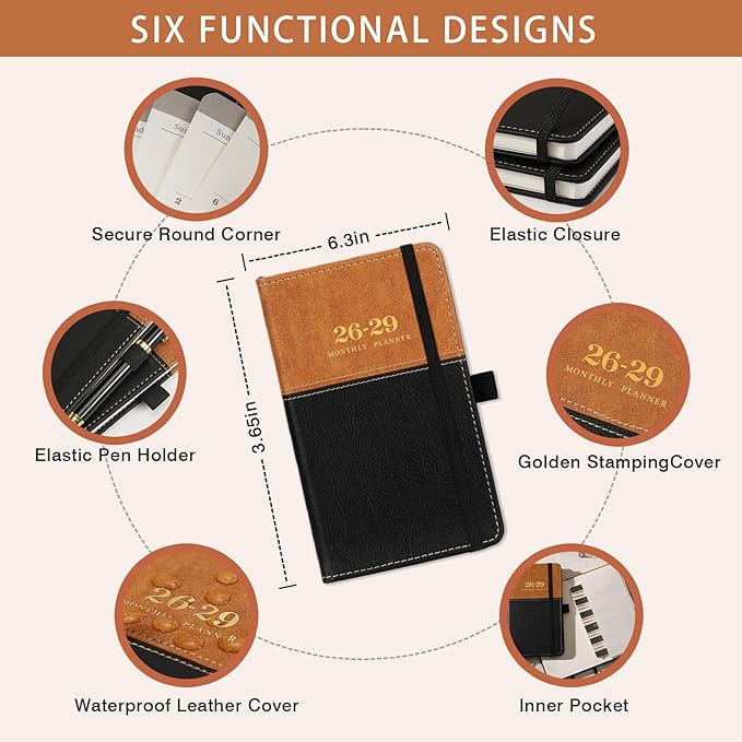 2026-2029 Pocket Calendar/Planner - 3 Year Monthly Pocket Calendar 2026-2029, from July 2026 to June 2029, 6.4" x 3.8", with Elastic Closure, Water Proof Leather