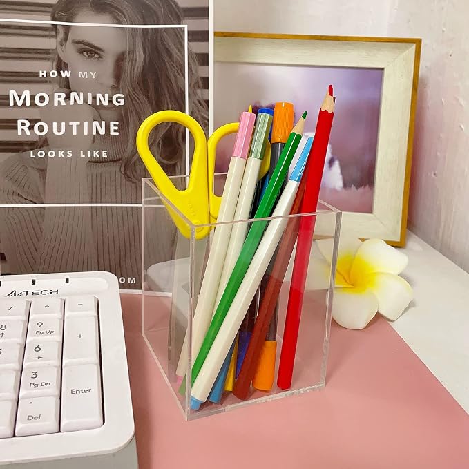 Mototo 8 Pieces Clear Acrylic Pen Holder Acrylic Pencil Cup Clear Makeup Bush Holder Acrylic Desktop Stationery Organizer for Office School Home Desk Accessories (8 Pack, Square)