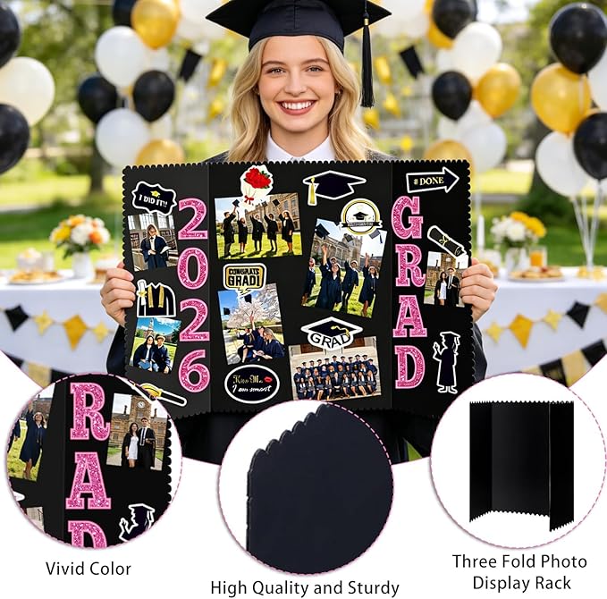 Graduation Photo Display Board - 4 Set Trifold Poster Board for Graduation Party, Pink Folding Picture Presentation Frame for Multiple Pictures Table Decor (24x16 Inches)
