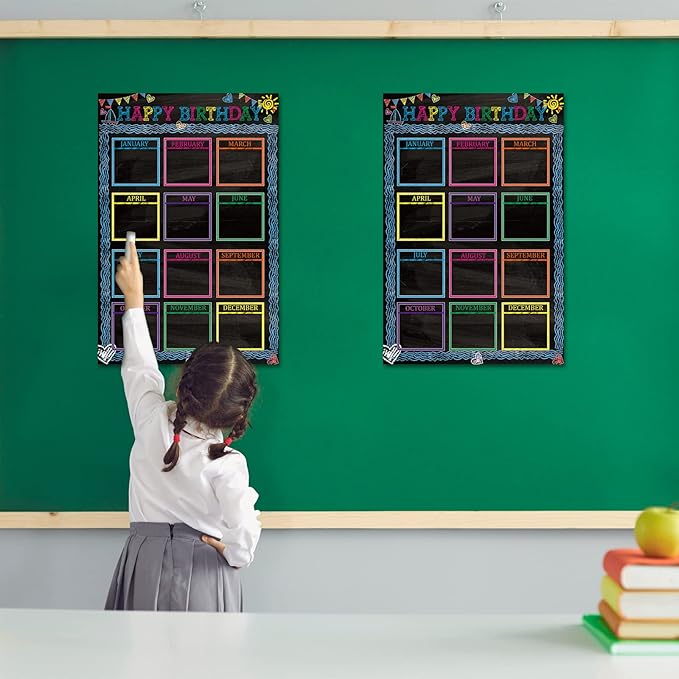 Wiooffen Happy Birthday Chart for Classroom, 2Pcs Chalkboard Birthday Poster Decoration 17" x 12" Chalkboard Birthday Cake Calendar Cutouts for School Bulletin Board, Chalkboards, Wall Decor