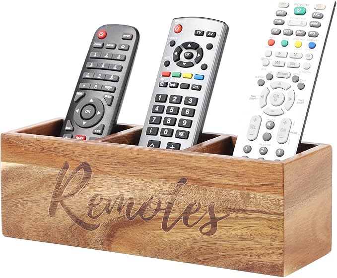 Remote Control Holder, Acacia Wooden Pencil Holder TV Remote Holder with 3 Compartments, Remote Caddy for Table, Small Desktop Organizer for Home Office