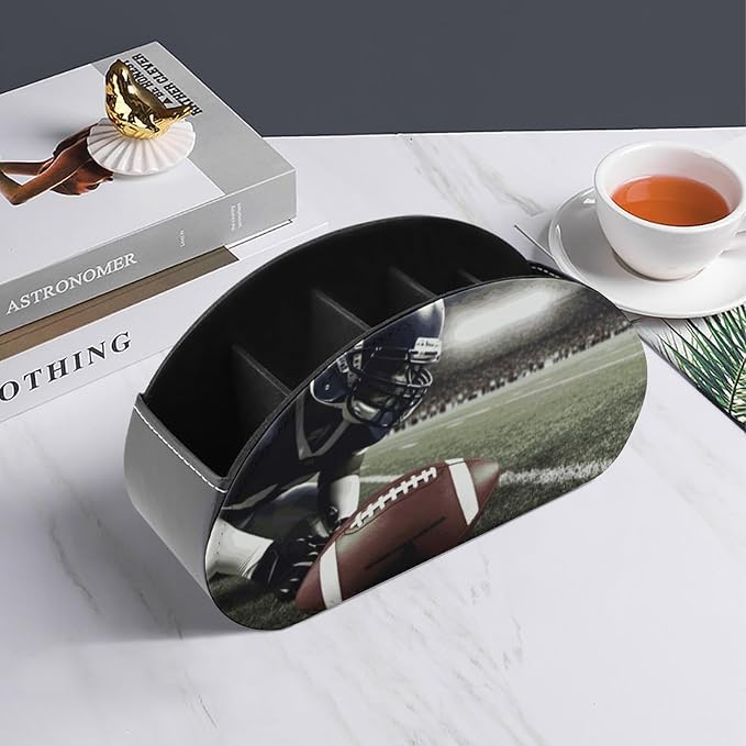 American Football Remote Control Holder with 5 Compartments Leather TV Remote Caddy Remote Storage Box Desktop Organizer for Pen/TV Remotes/Media Controllers/Office Supplies