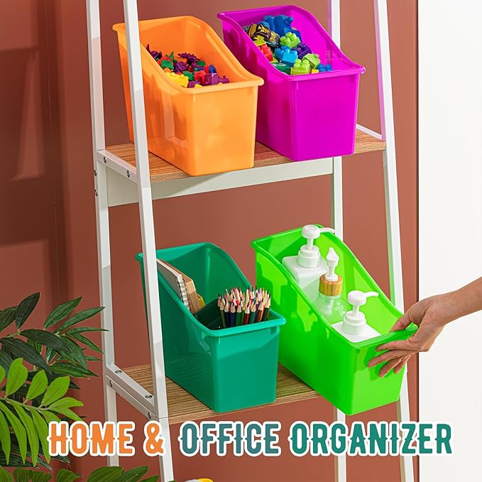 Geetery 12 Pcs Book Bin for Classroom with Labels Stackable Plastic Organizing Bins 11.5 x 5.4 x 7.5 in Book Holders Storage Bins Box Baskets for Classroom Library Home (Bright Color)