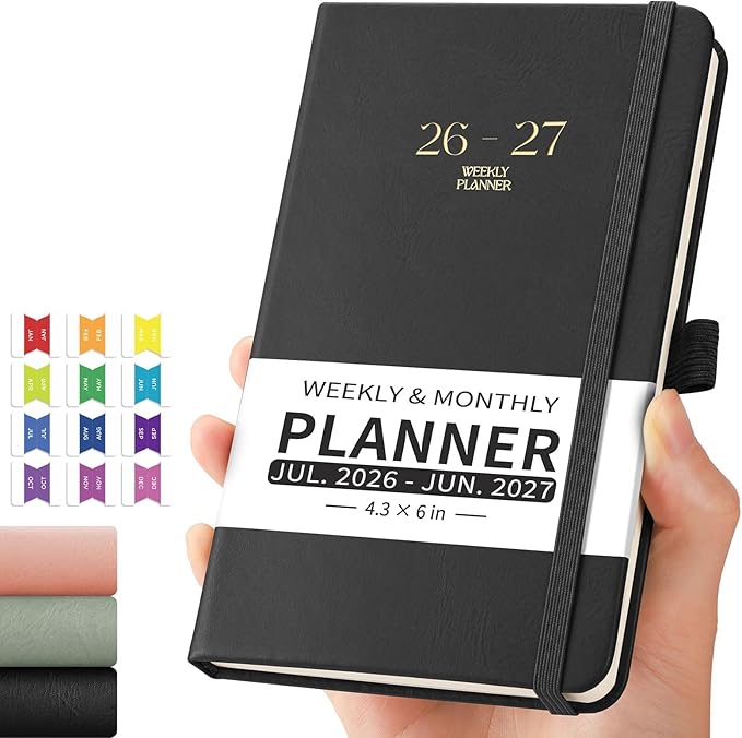 EMSHOI Pocket Calendar 2026-2027, Small Mini Academic Planner Weekly and Monthly, July 2026-June 2027, School Student Teacher Agenda, Leather Hardcover, 100GSM Paper, Tabs, A6 4.3"x6", Black