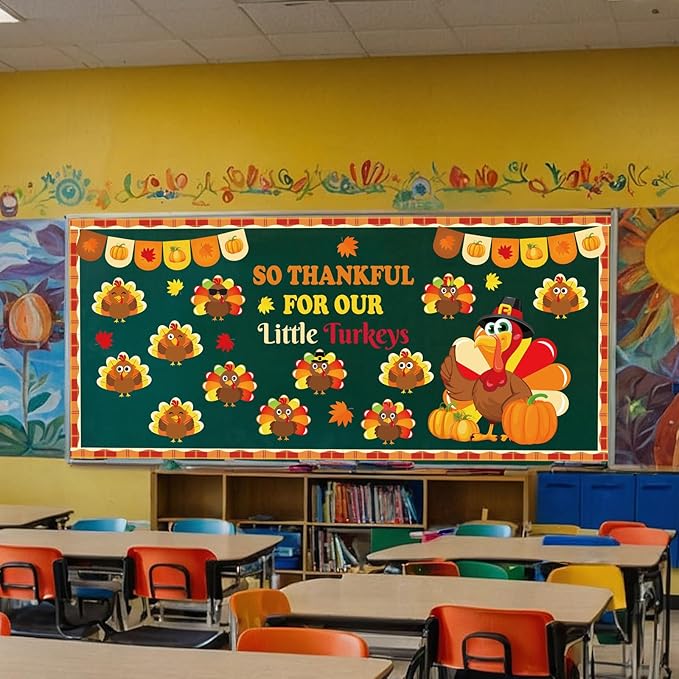 Thanksgiving Fall Bulletin Board Decorations – DIY Turkey Photo Crafts with Pumpkin “So Thankful for Our” Paper Cutouts Set for School, Classroom, Autumn Wall Door