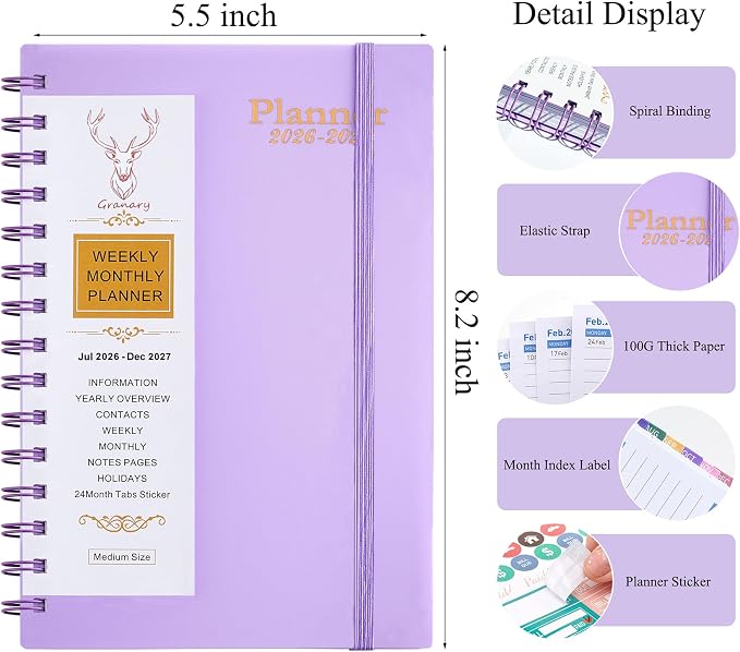 Planner 2026-2027, Weekly and Monthly Planner 2026-2027 Academic Year (July 2026-June 2027), 18 Months Calander Planner, Daily Agenda Book for School Student, Teachers, Office Supplies, Home, 8.2"×5.5" (JUL.2026-DEC.2027 Light Purple)