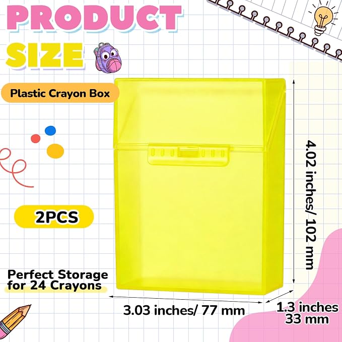 Clabby 2 Pcs Plastic Crayon Organizer Case for 24 Count Crayons Kids Art Supply Storage Box with Lid, Portable Holder for Classroom Home Travel, Fits Standard 24-Pack Crayon (Yellow)