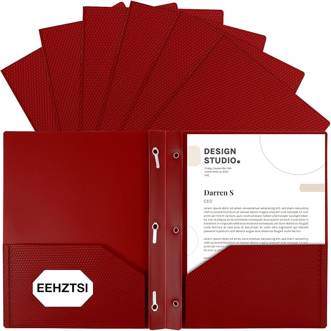 12-Pack Plastic Folders with Pockets and Prongs, 2-Pocket Folders with 3 Fasteners, Holds 8-1/2" x 11" Paper for School/Office/Home