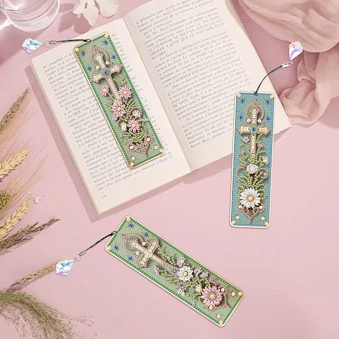 Tontut 3pcs Diamond Art Painting Kit Bookmarks, Cross Fine Universal DIY Bookmarks, Lightweight and Durable for Reading Lovers