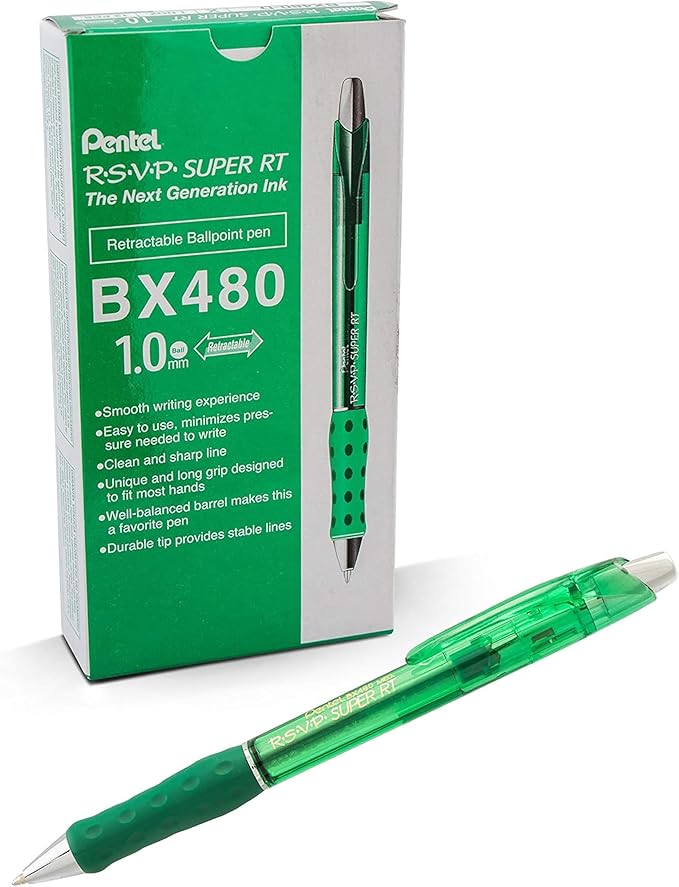 Pentel RSVP Super RT Ballpoint Pen, (1.0mm) Medium Line, Green Ink, Box of 12, (BX480-D)